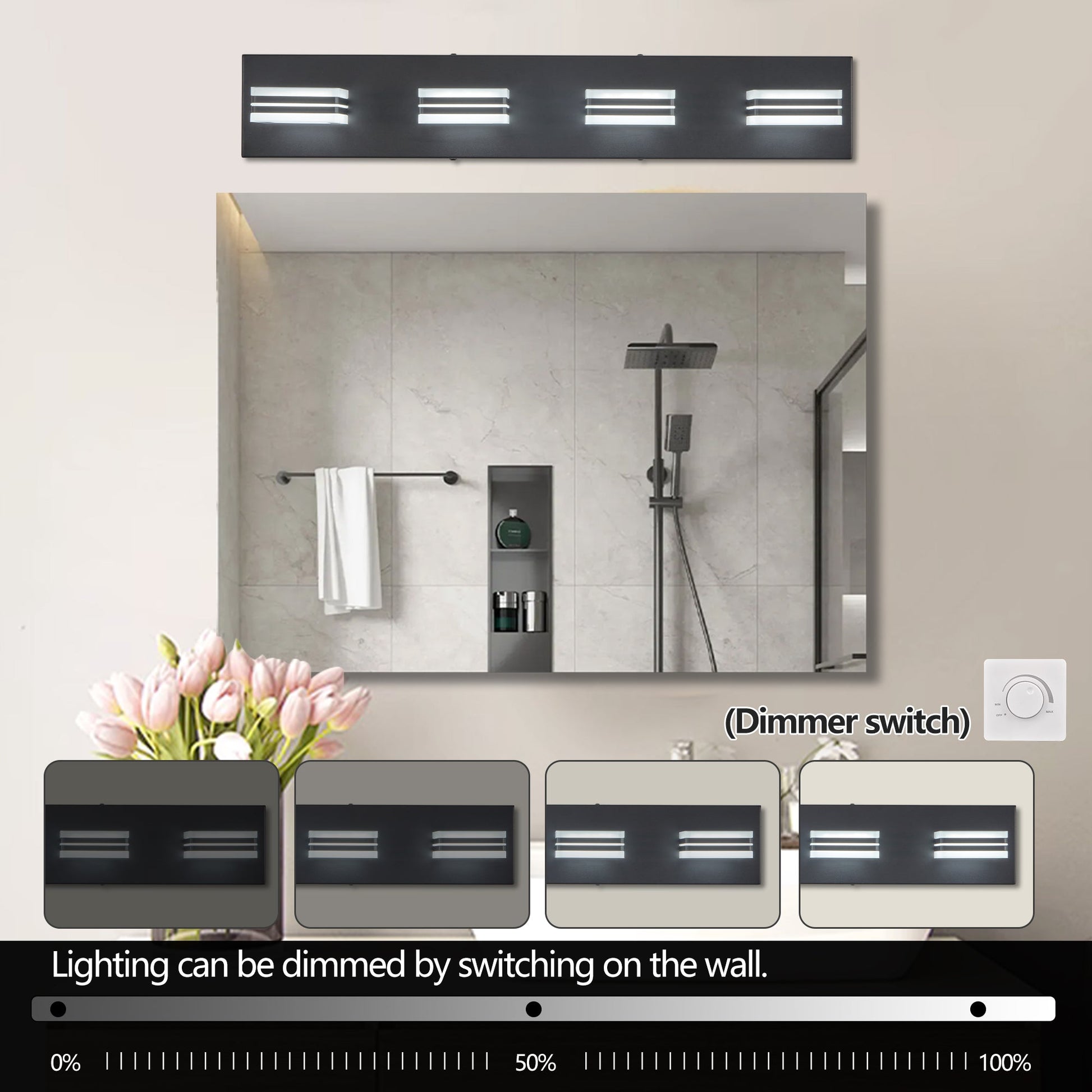 LED Modern Black Vanity Lights, 4-Lights Acrylic Matte Black Bathroom Vanity Lights Over Mirror - Korvel