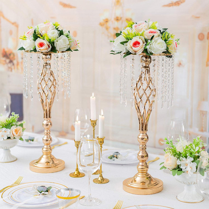 Wrought Iron Metal Flower Stand with Crystal Acrylic Beads Hanging Flower Arrangement, Gold-Plated Decoration for Wedding Tables - Korvel