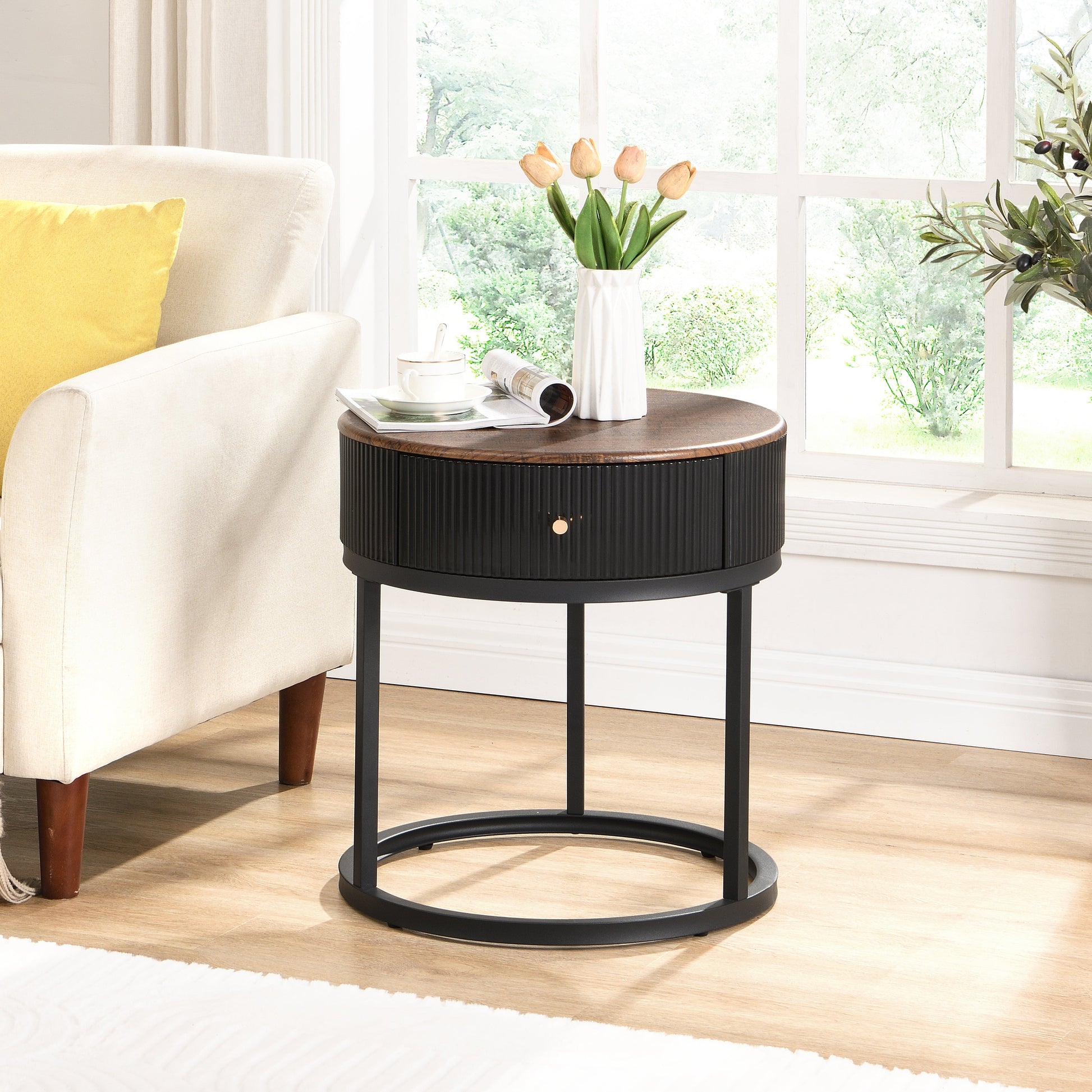 Round Nightstand with Drawer, 19.68 Inch Wood End Table with Storage, Small Table or Living Room, Bedroom and Small Spaces - Korvel