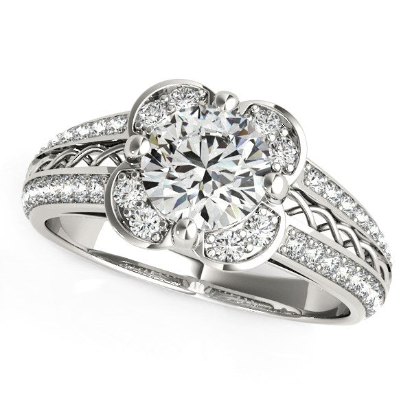 Round Diamond Floral Motif Engagement Ring in 14k White Gold