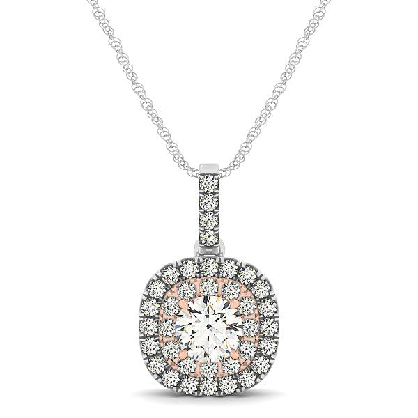 14k White and Rose Gold Cushion Shape Halo Diamond Pendant
