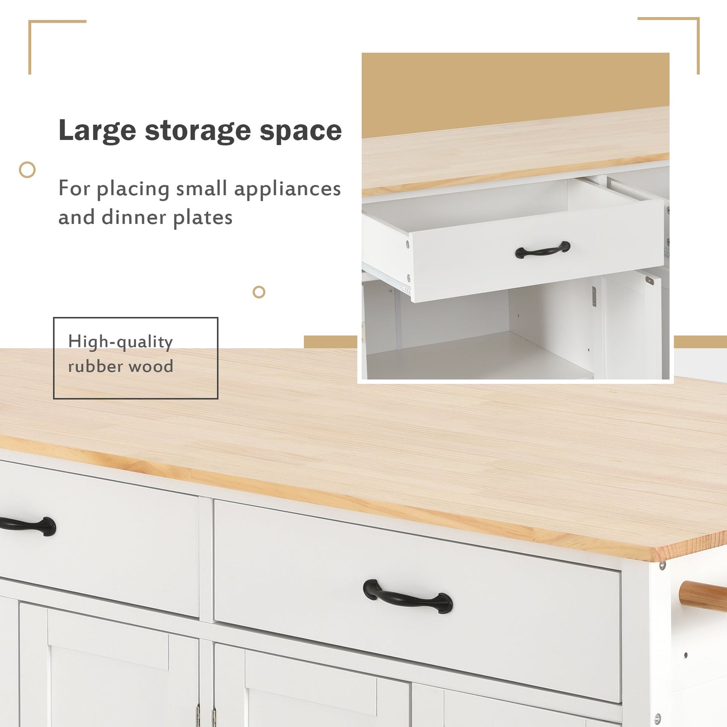 Kitchen Island Cart with Solid Wood Top and Locking Wheels 54.3 Inch Width  (White) - Korvel