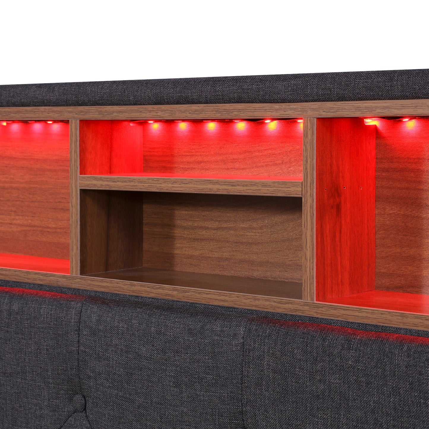 Queen Size Upholstered Platform Bed with Storage & LED, Dark Gray