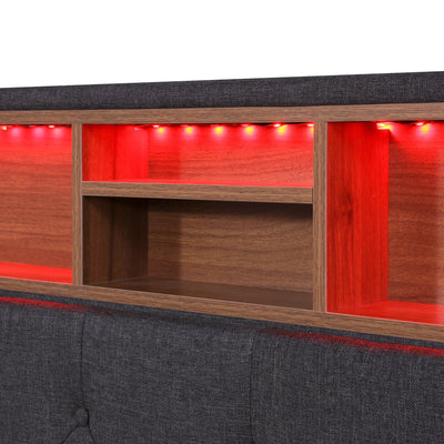 Queen Size Upholstered Platform Bed with Storage & LED, Dark Gray