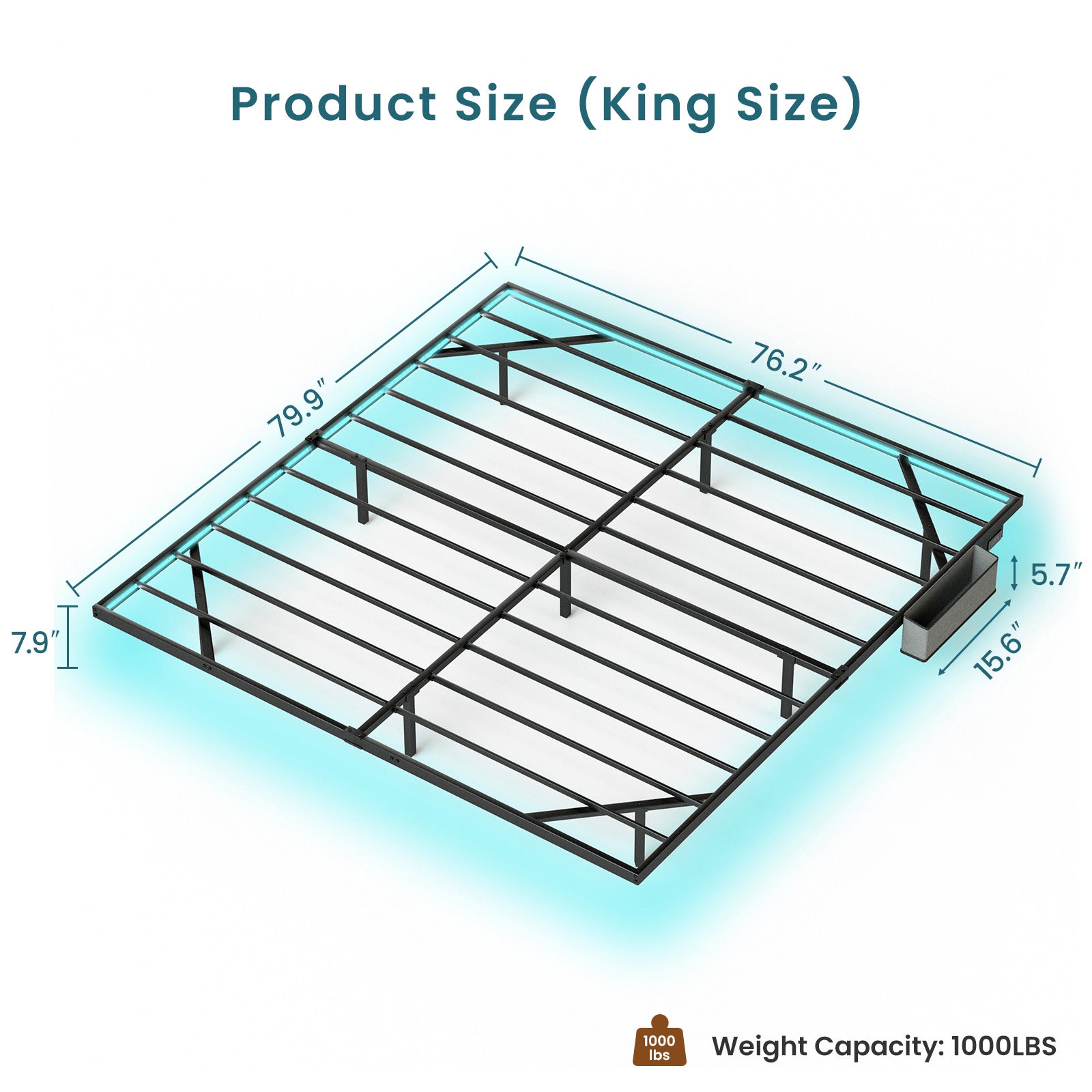 Floating Bed Frame King Size with LED Lights ＆ charging station, Metal Platform Queen Bed, 79.9'' L x 76.2'' W x 7.9'' H. - Korvel