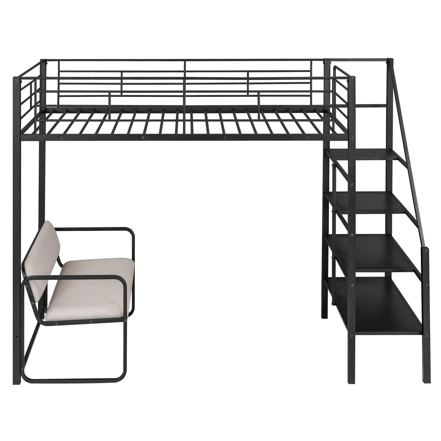 Twin Size Metal Loft Bed with Bench and Storage Staircase  Black - Korvel