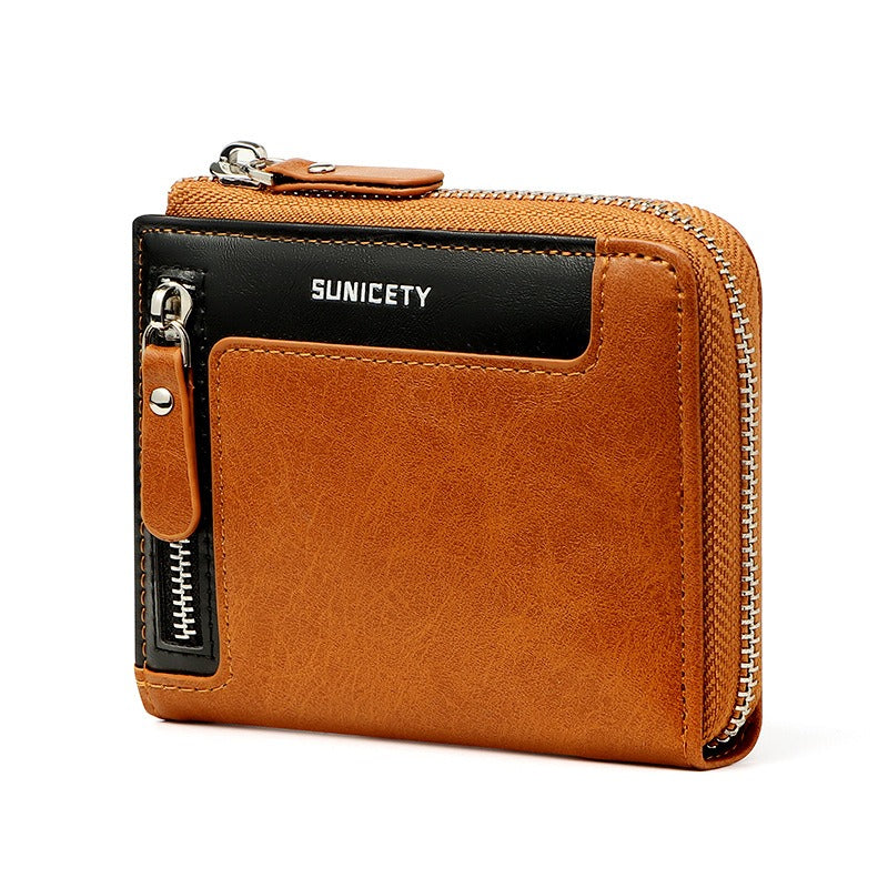 Wallet Men's Fashionable Leather Zipper Leather Bag RFID Multi Card Function ID Card Bag - Korvel