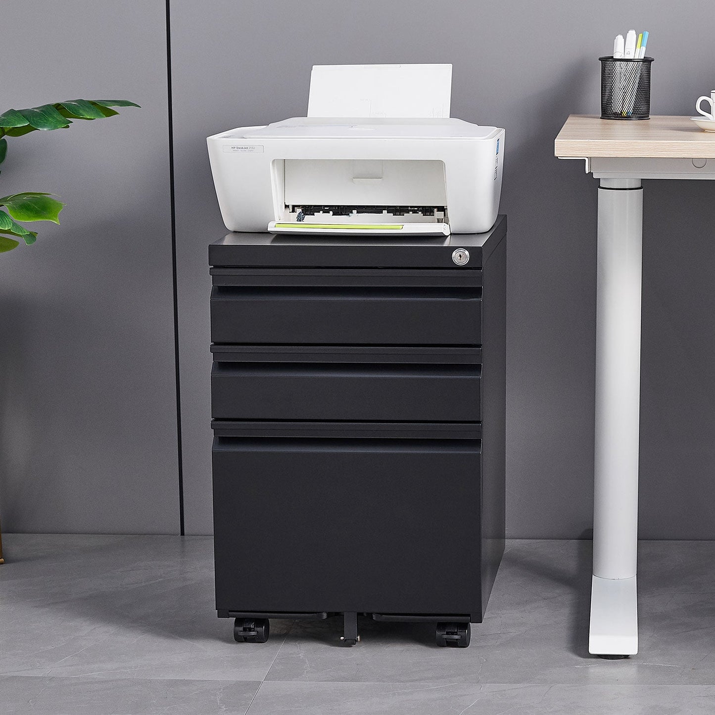 Locked three drawer storage mobile metal filing cabinet with pre installed wheels under the desk filing cabinet - Korvel