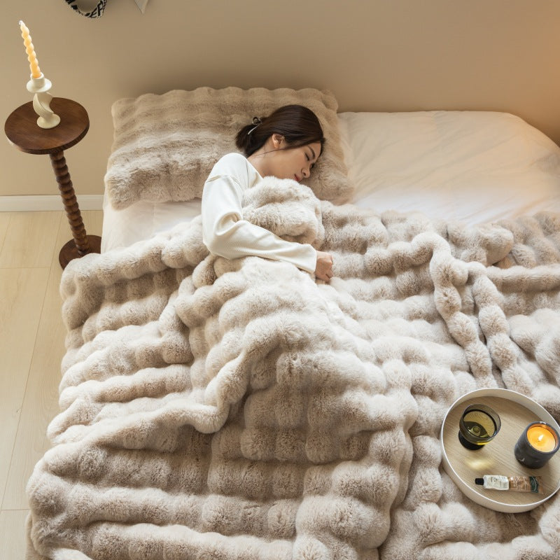 Double-sided Rabbit Fleece Blanket Solid Color Faux Fur Plush Blanket Soft Warm Throw Blanket For Couch Sofa Nap Blanket For Winter - Korvel