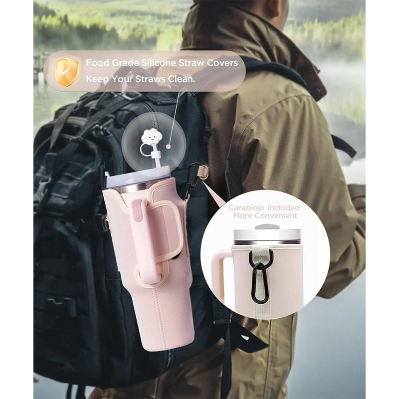 Water Bottle Carrier Bag with Phone Pocket for Stanley 40oz Tumbler with Handle Neoprene Water Bottle Holder Pouch - Korvel