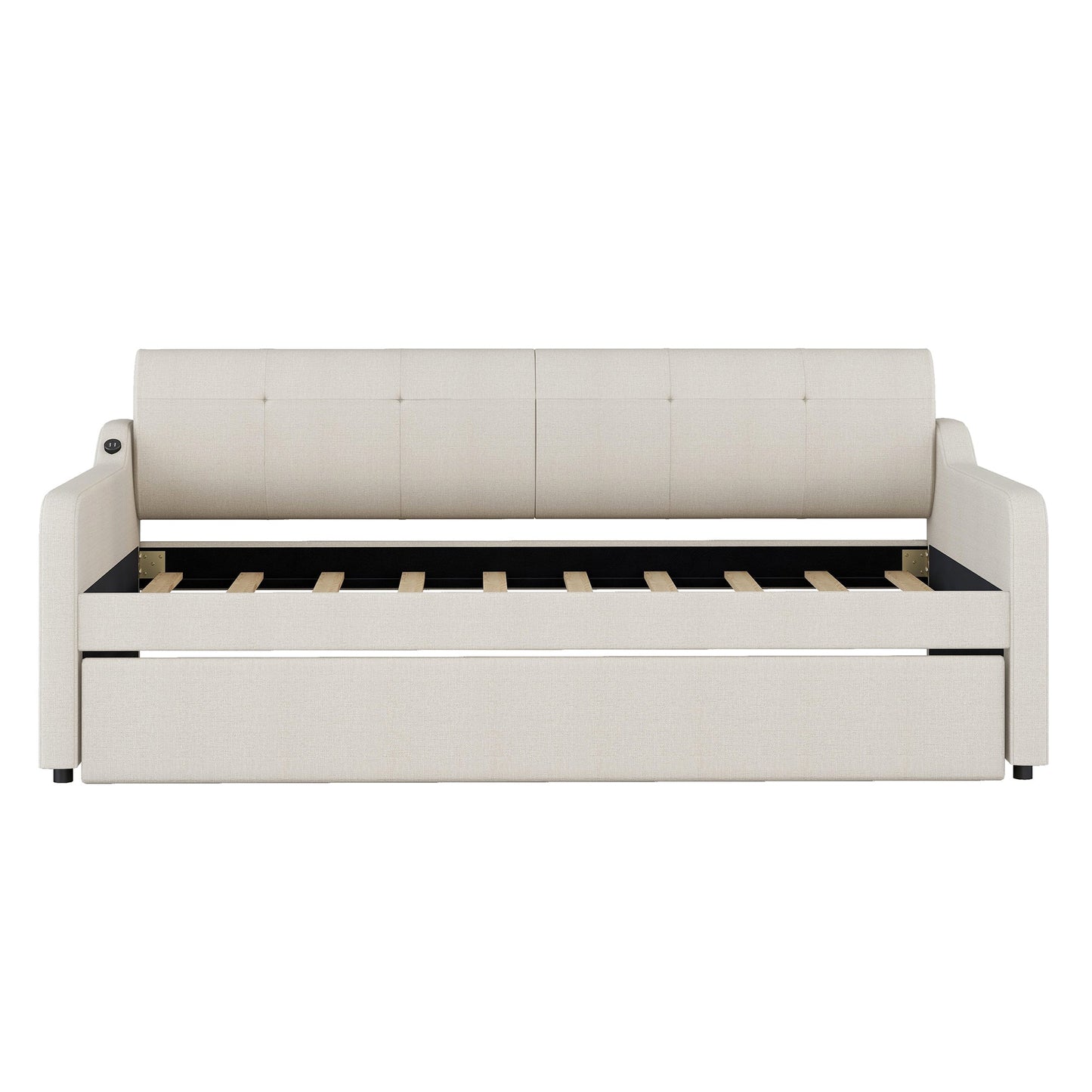 Twin Size Upholstery Daybed with Trundle and USB Charging Design Trundle can be flat or erected Beige - Korvel