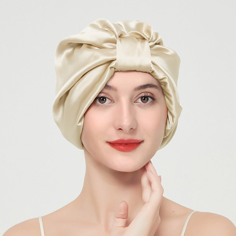 Double layer elastic simulation silk beauty makeup satin knotted hair care home French nightcap - Korvel