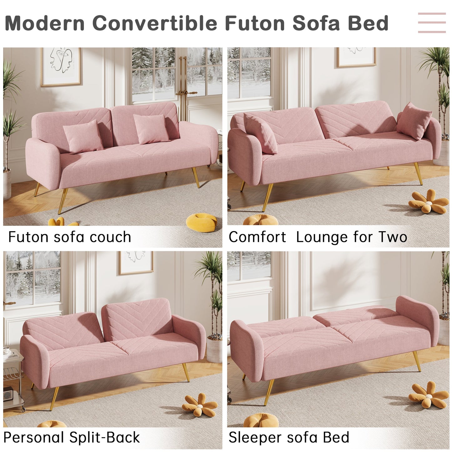 70.47" Pink Fabric Double Sofa with Split Backrest and Two Throw Pillows - Korvel