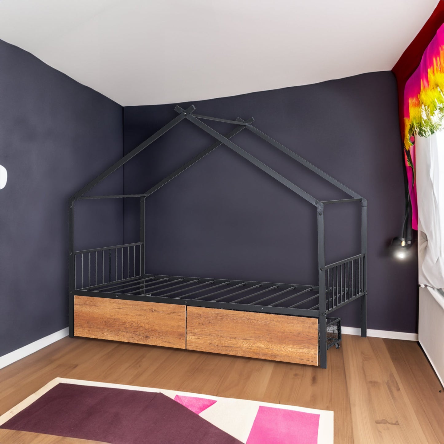 Twin Size Metal House Bed with Two Drawers - Black
