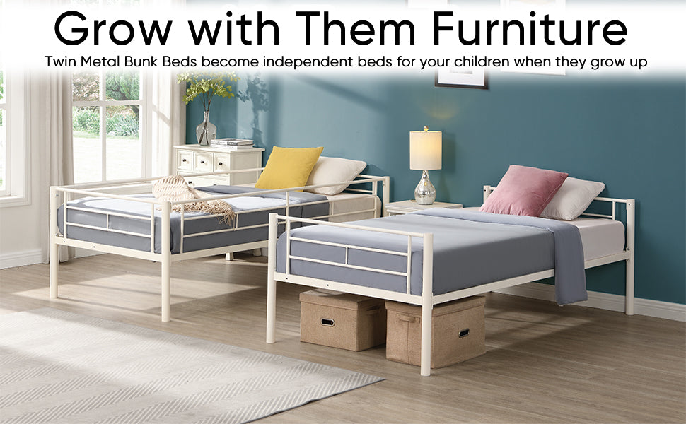 Twin metal bunk beds, metal structure bed frame with safety guardrails and 2 ladders, convertible bunk beds, white - Korvel