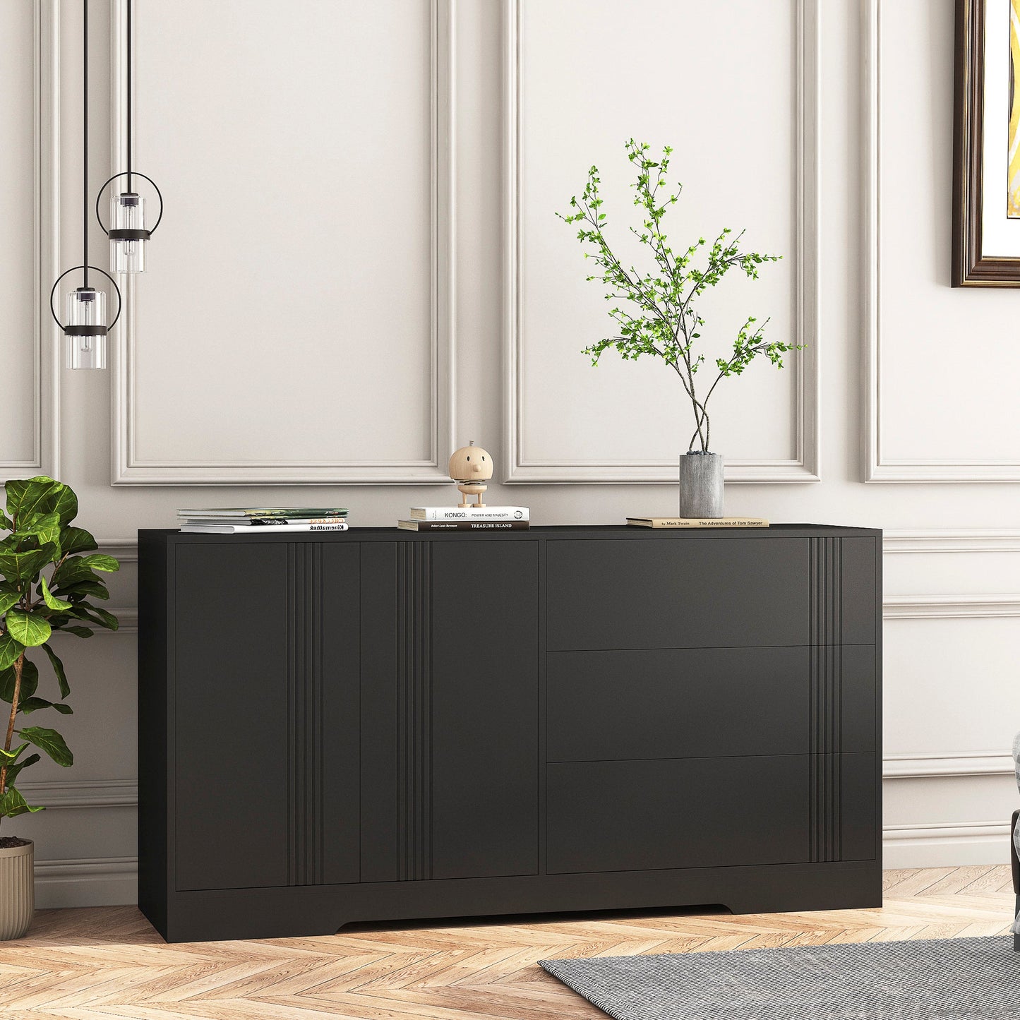 Modern kitchen buffet lockers with storage space, drawers and doors, and a large coffee bar with adjustable kitchen shelves - Korvel