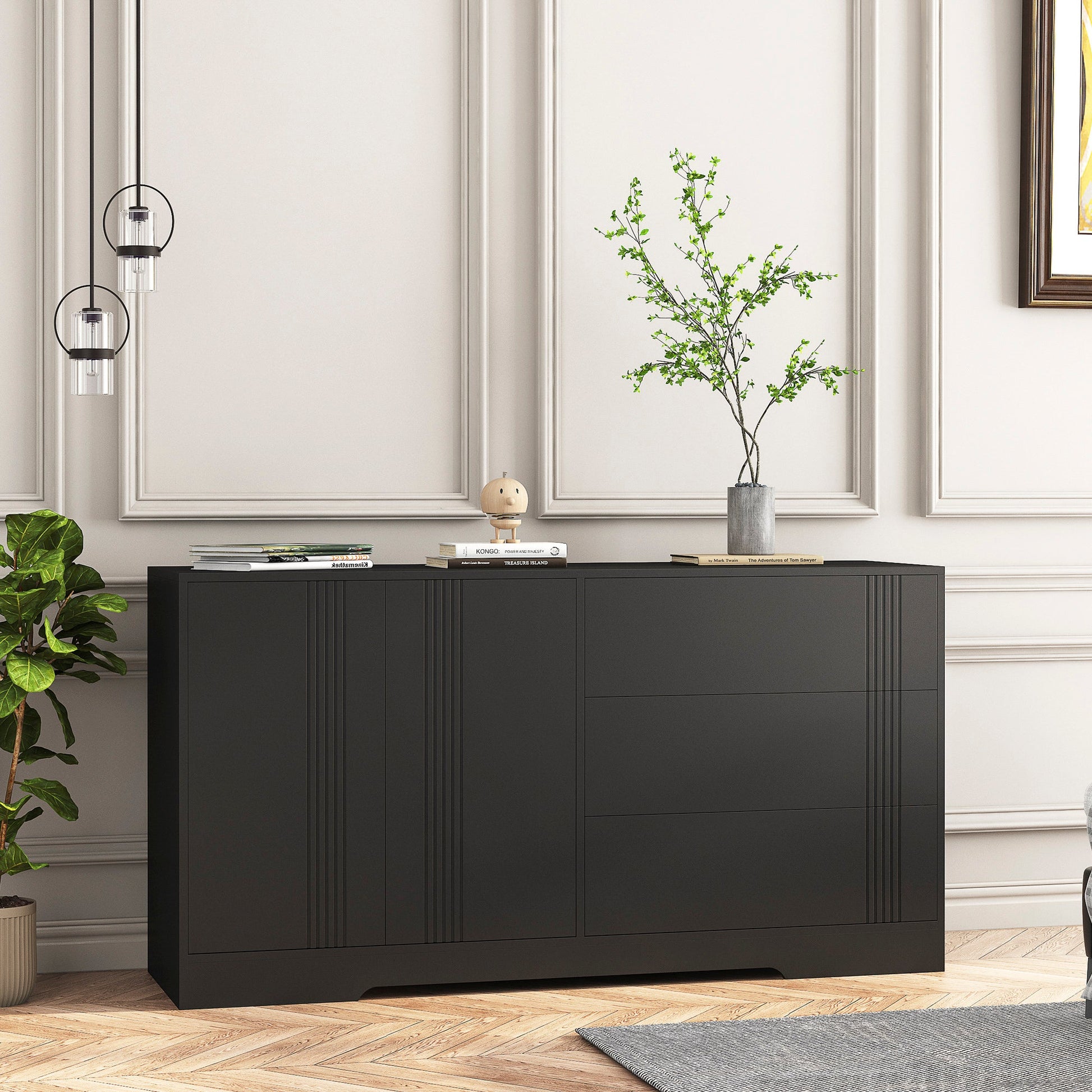 Modern kitchen buffet lockers with storage space, drawers and doors, and a large coffee bar with adjustable kitchen shelves - Korvel
