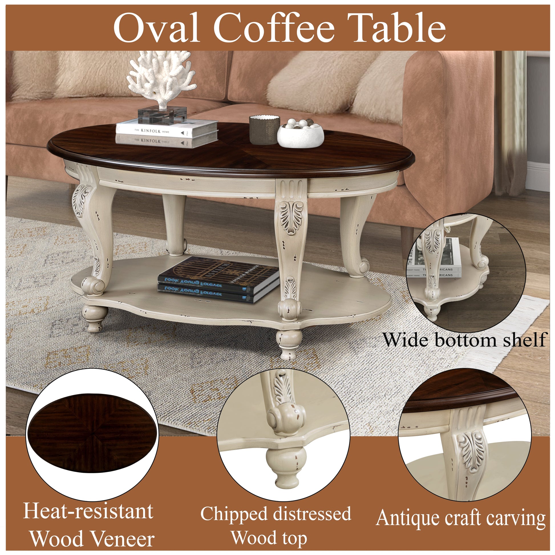 42 inch oval wooden coffee table, 2-story solid wood cocktail table with open storage rack, antique white and cherry tabletop - Korvel