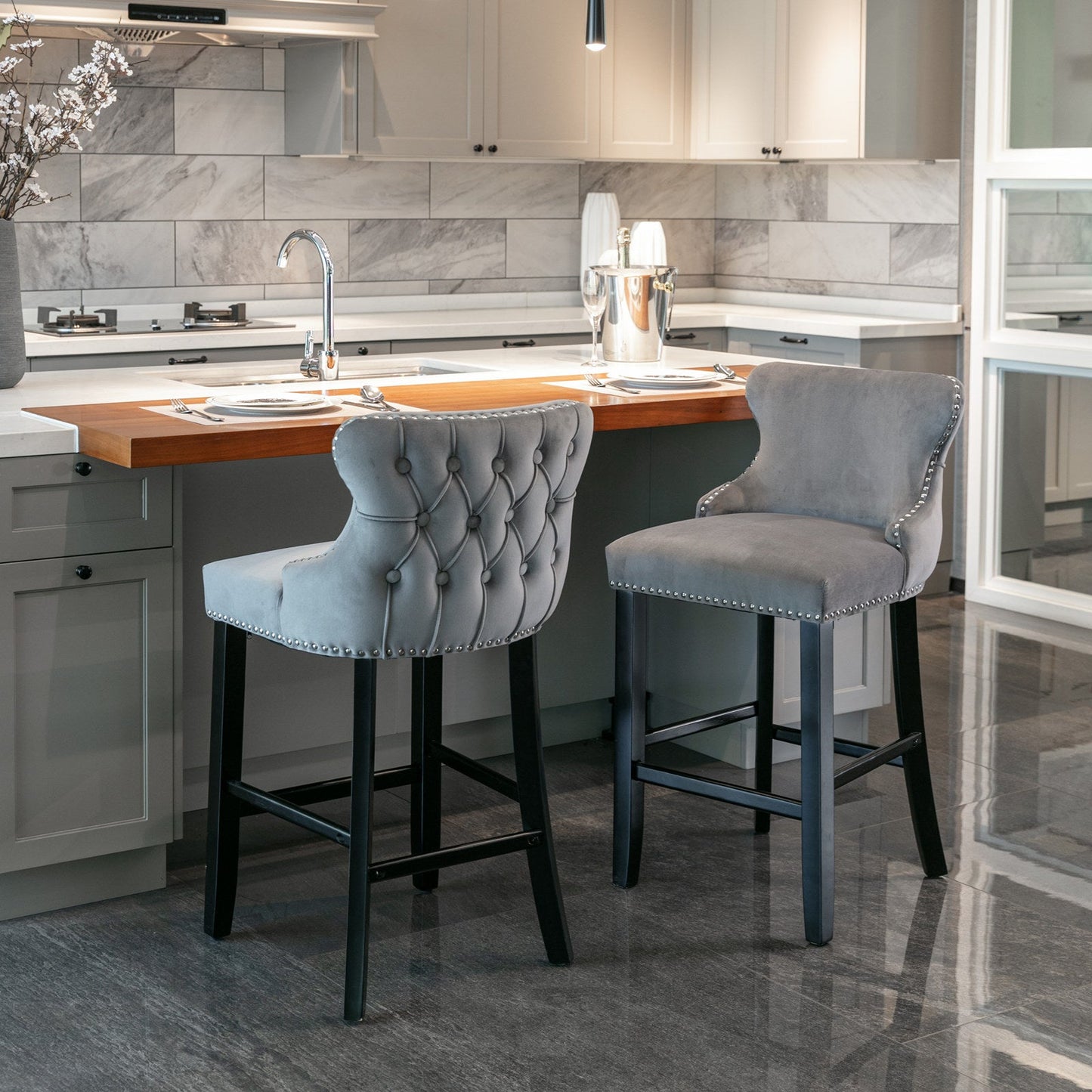 Conjunto de Taburetes de Barrotes de Terciopelo Contemporáneo - Gris