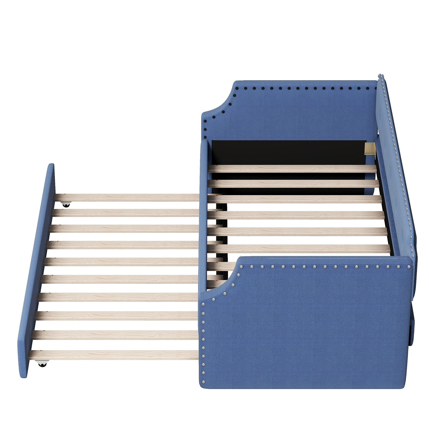 Upholstered Daybed with Trundle, Wood Slat Support,Upholstered Frame Sofa Bed Twin Blue - Korvel