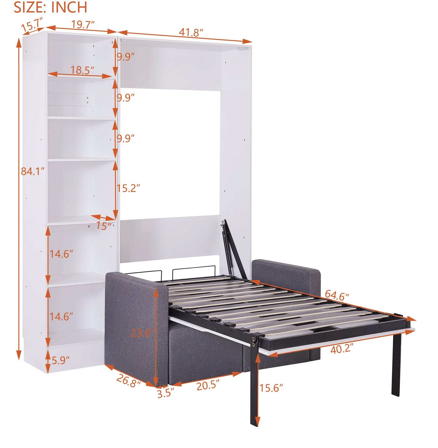 Twin Size Murphy Bed Wall Bed with Sofa and Shelves - White