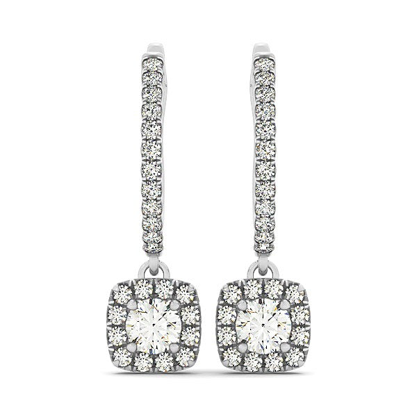 Cushion Shape Halo Style Diamond Drop Earrings in 14k White Gold