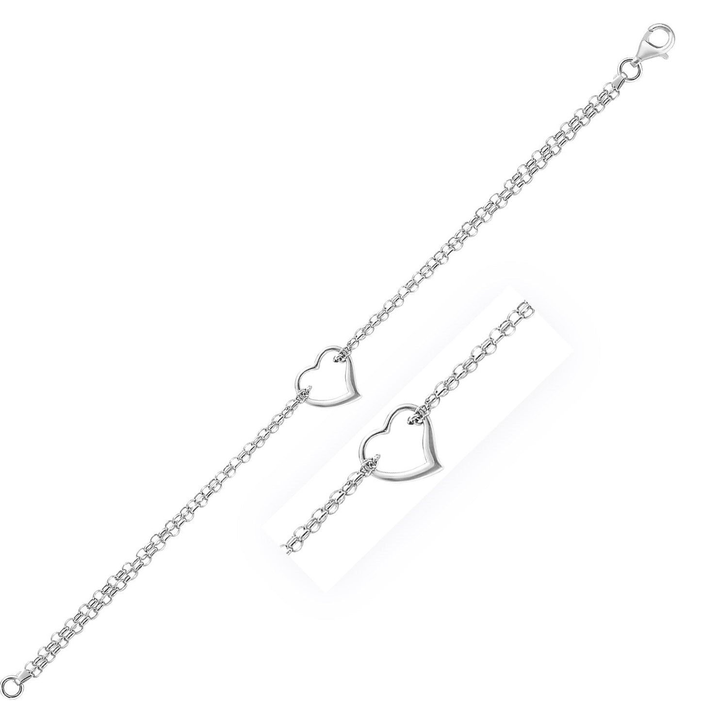 Bracelet de cheville en chaîne câble en or blanc 14k avec station en forme de cœur