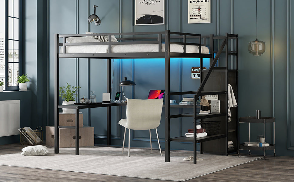 Full Size Loft Bed with L-shaped Desk and USB - Black