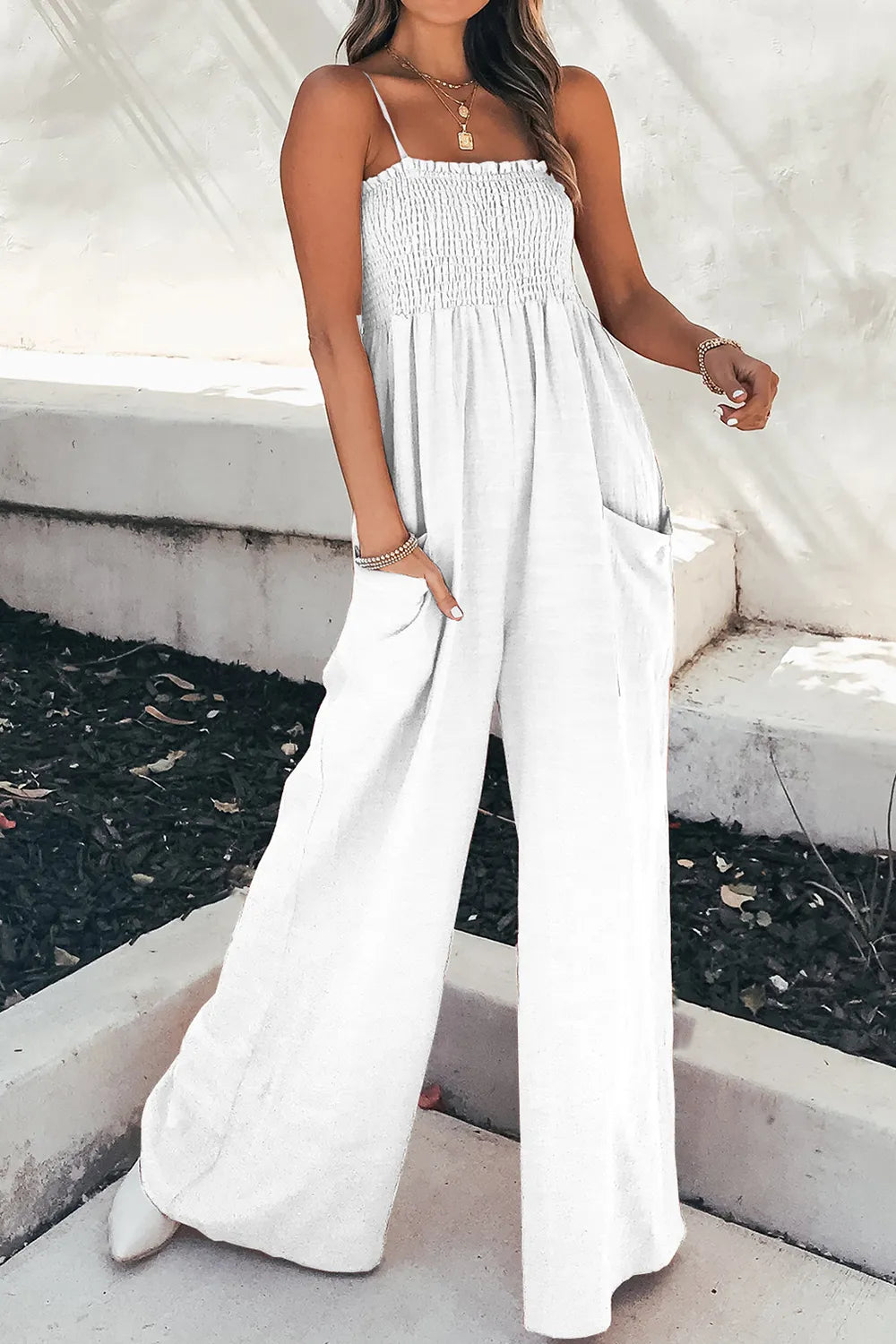 Smocked Spaghetti Strap Wide Leg Jumpsuit - Korvel