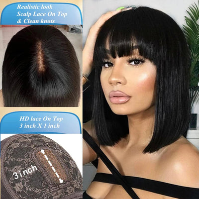 Middle Part HD Lace Wig - Bone Straight Human Hair Bob with Bangs