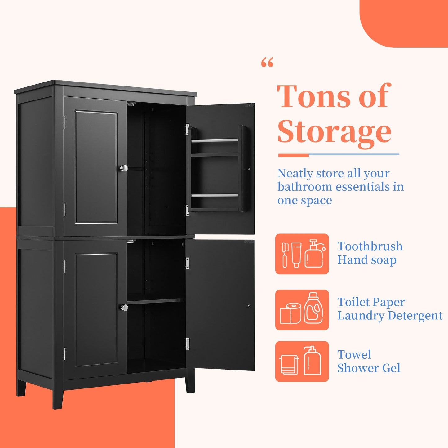 Elegant Black Bathroom Floor Storage Cabinet with Adjustable Shelves
