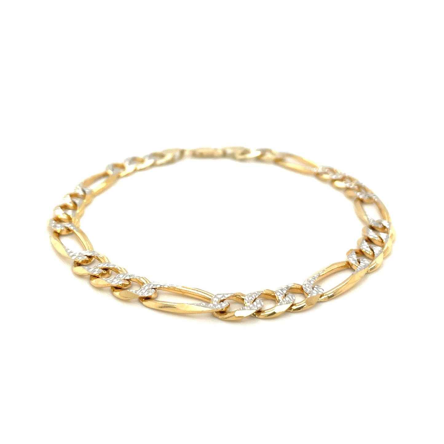 Pulsera Figaro Sólida Pavé de Dos Tonos en Oro Amarillo de 14K - 7.0mm