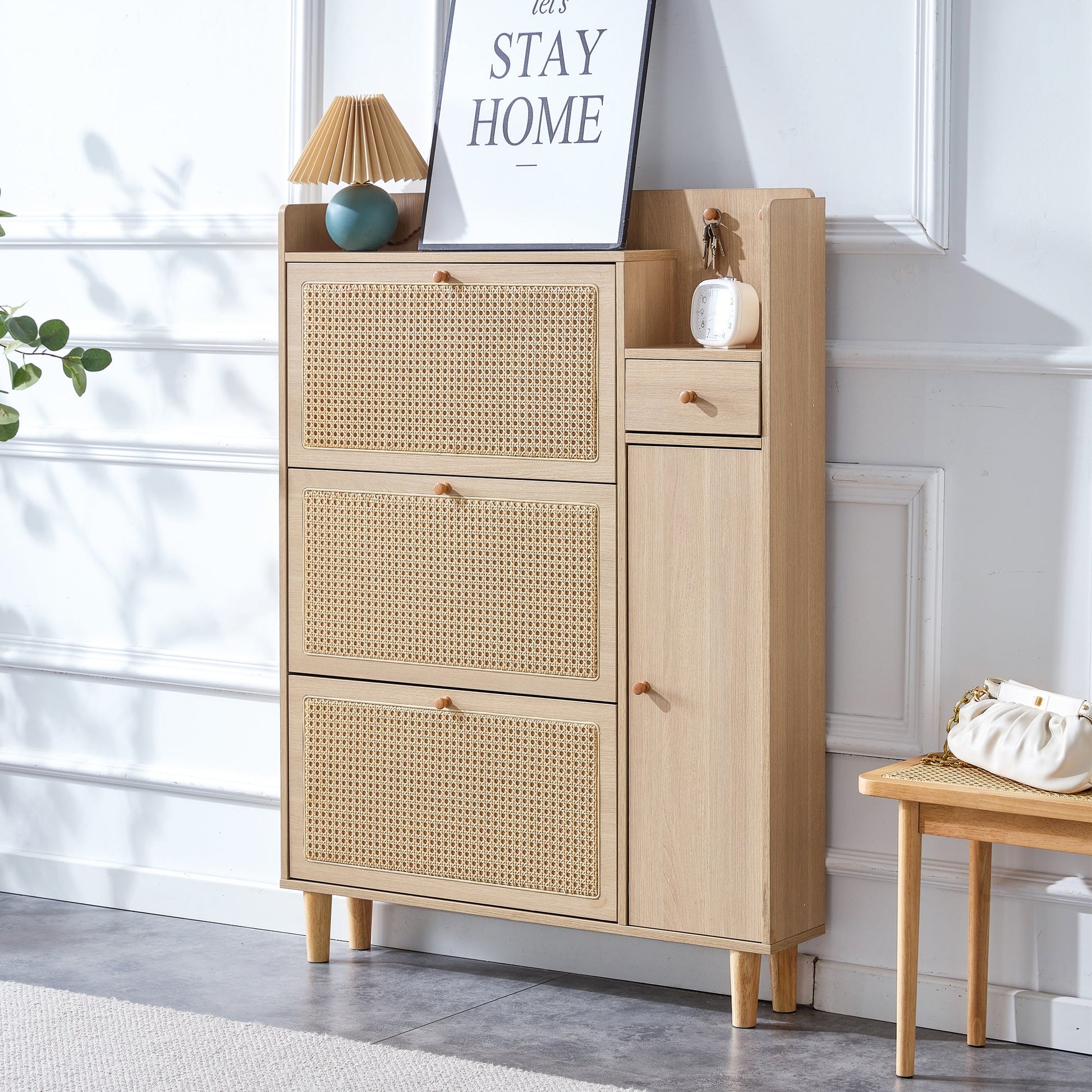 Modern minimalist storage cabinet MDF bed top cabinet Japanese rattan shoe cabinet, small home furniture - Korvel