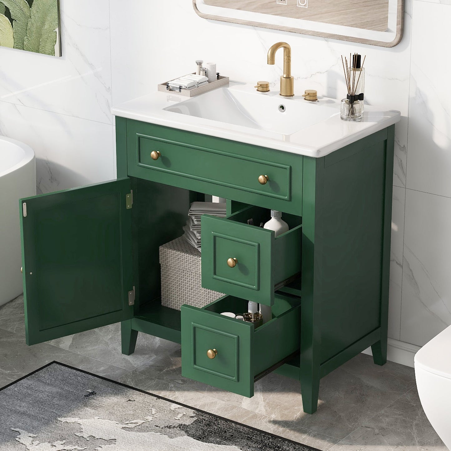 Vanidad de baño verde de 30" con lavabo y almacenamiento