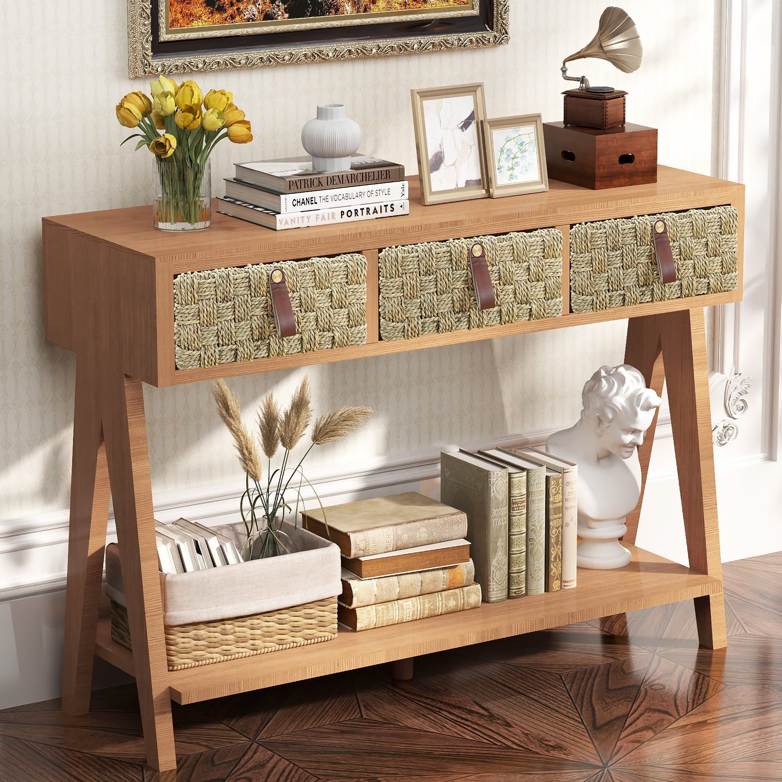 Medieval modern console table with entrance storage space, multifunctional entrance table with 3 drawers, open storage rack - Korvel