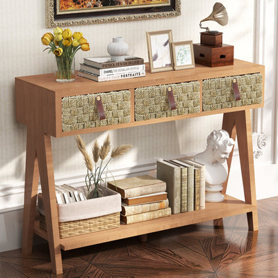 Medieval modern console table with entrance storage space, multifunctional entrance table with 3 drawers, open storage rack - Korvel