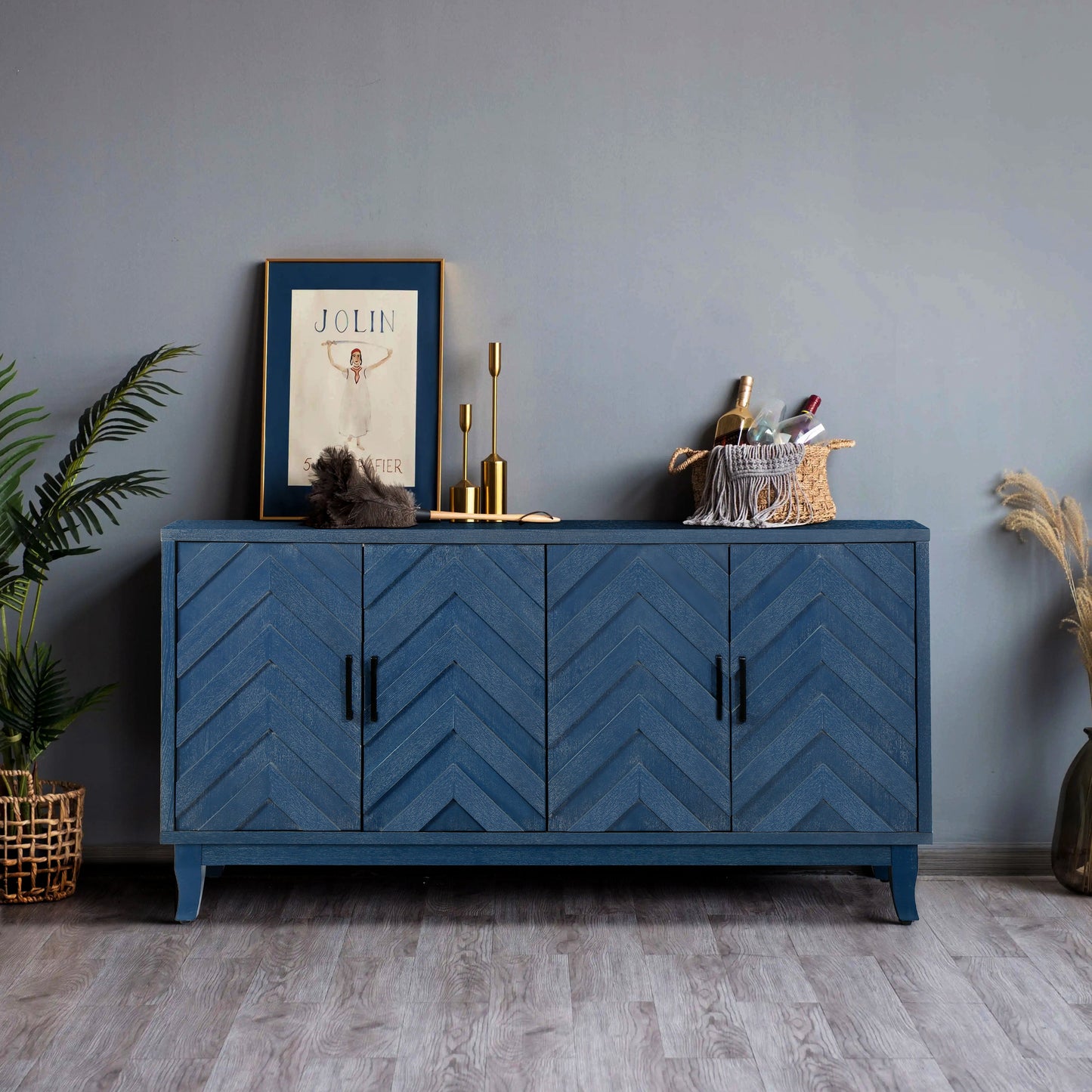 Stronger Vintage Style Buffet Cabinet Lacquered Accent Storage 4 Door Wooden - Korvel
