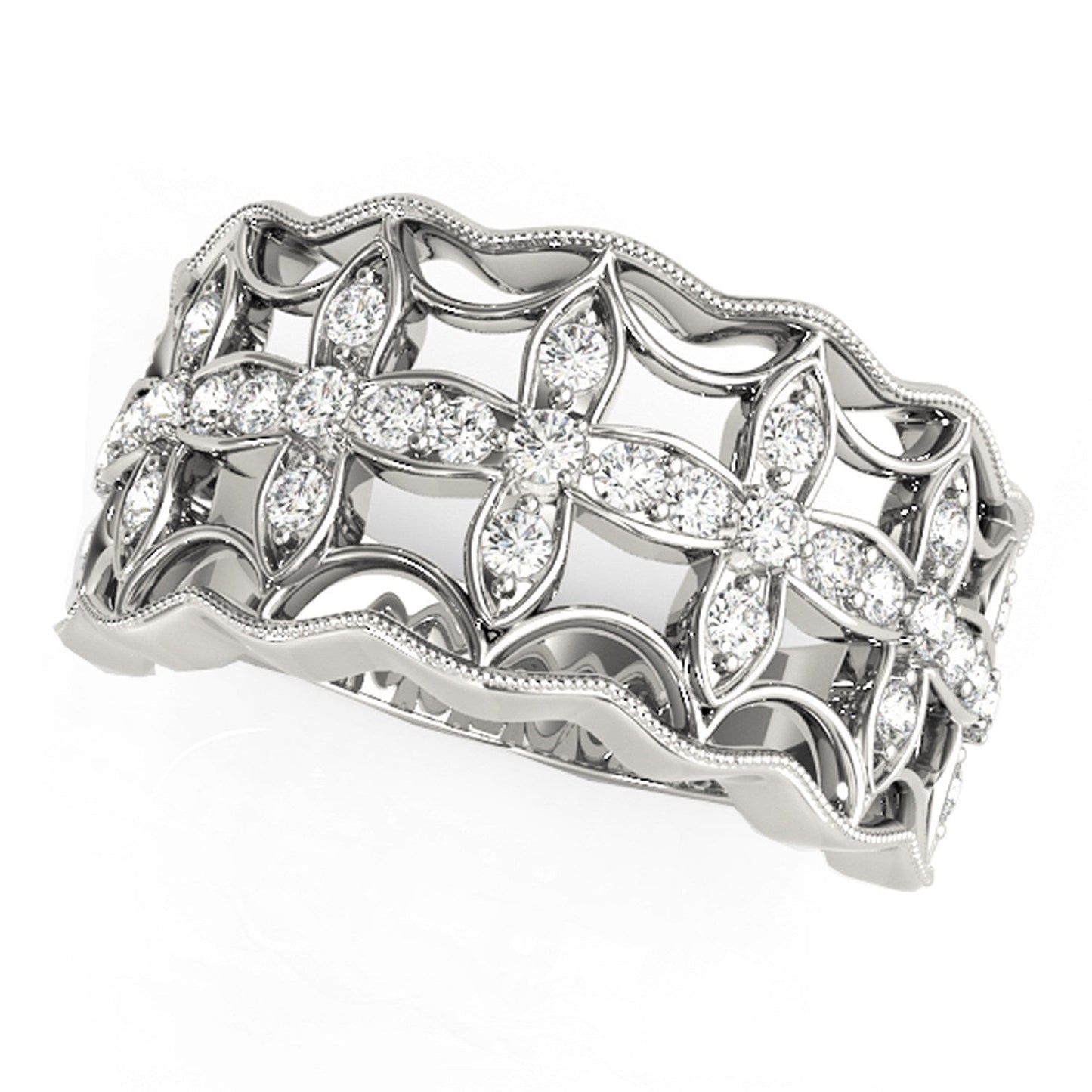 Diamond Studded Four Leaf Clover Ring in 14k White Gold