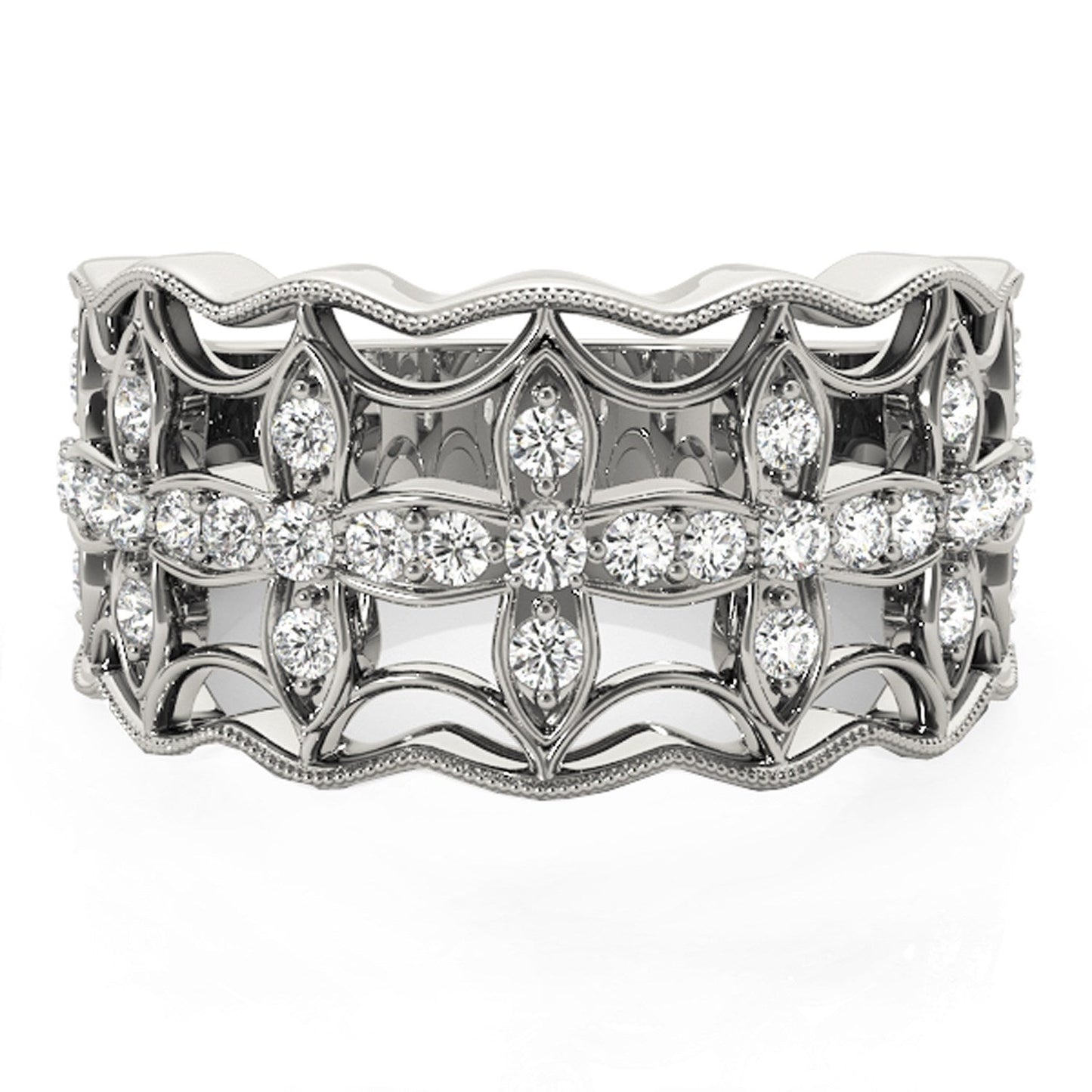 Diamond Studded Four Leaf Clover Ring in 14k White Gold