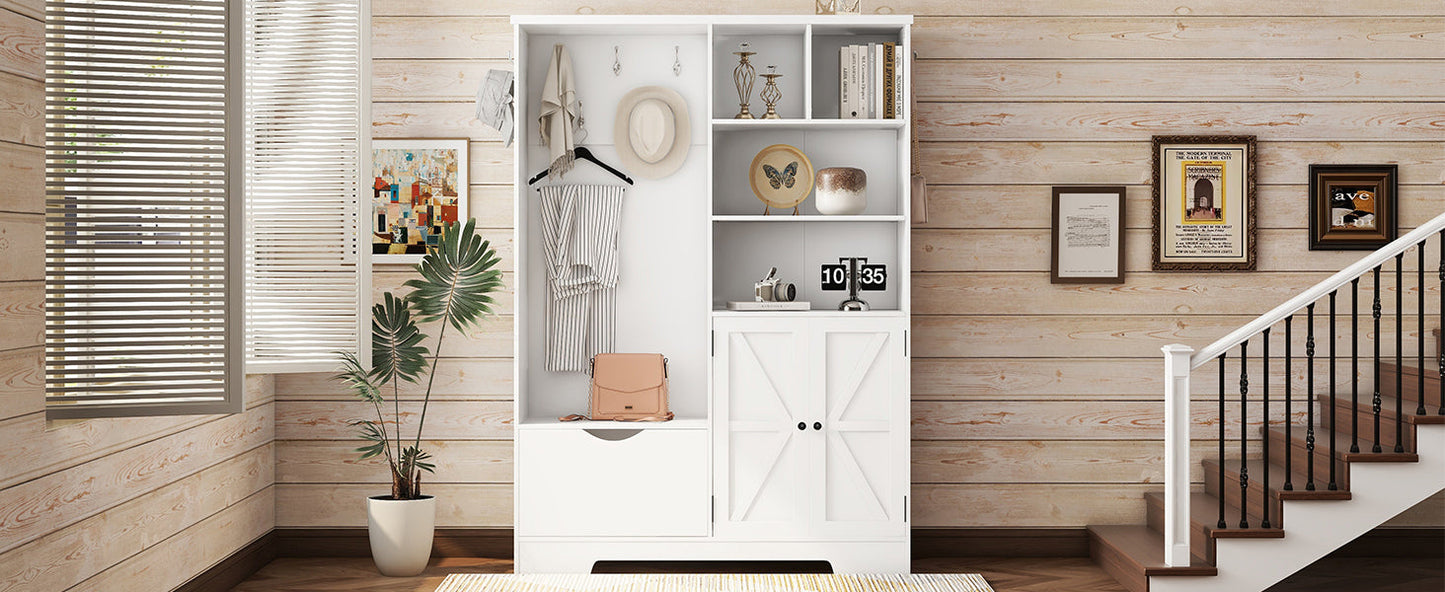 Multi-functional Hall Tree with Storage Shelves Drawers Cabinet Elegant Hallway Shoe Cabinet with Bench Modern Coat Rack White - Korvel