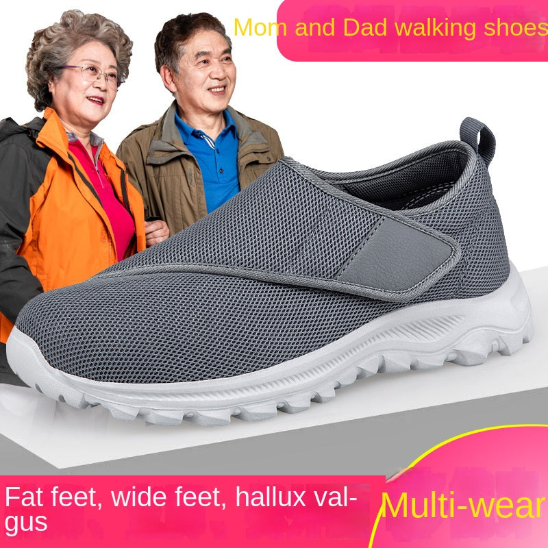 Elderly shoes men's chubby feet swollen feet, special health shoes sports shoes single buckle with dad's shoe mesh - Korvel