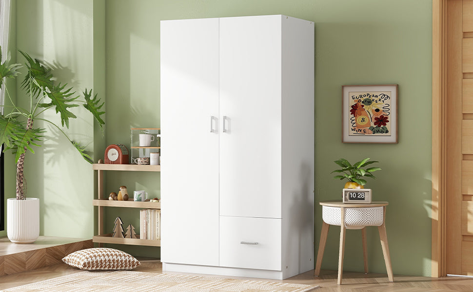 Wooden Wardrobe with Double Doors, Armoire with Hanging Rod, 5 Fixed Shelves, One Storage Drawer,White - Korvel