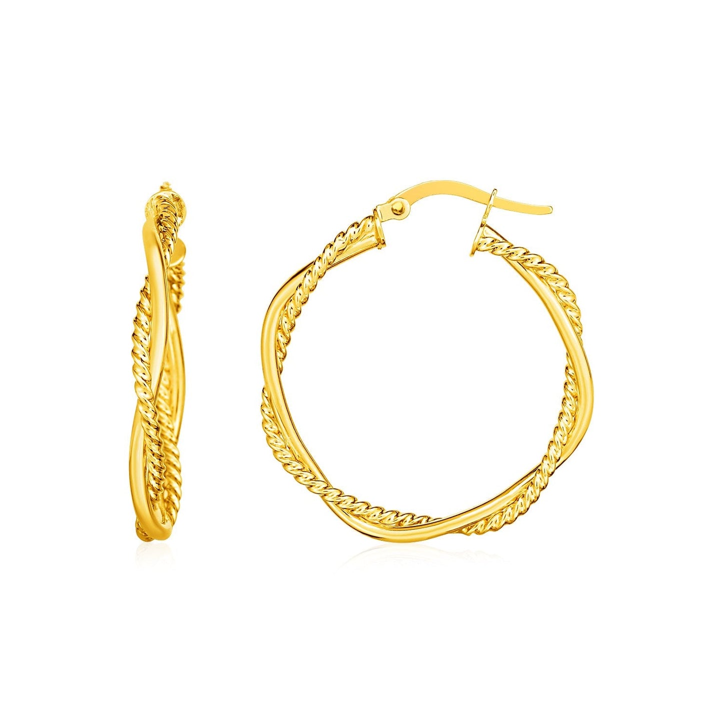 Pendientes de aro redondos retorcidos texturizados de oro amarillo de 14k