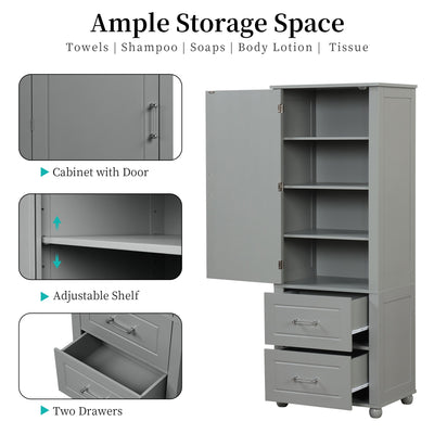 Tall Bathroom Storage Cabinet, Freestanding Storage Cabinet with Two Drawers and Adjustable Shelf, MDF Board , Grey - Korvel