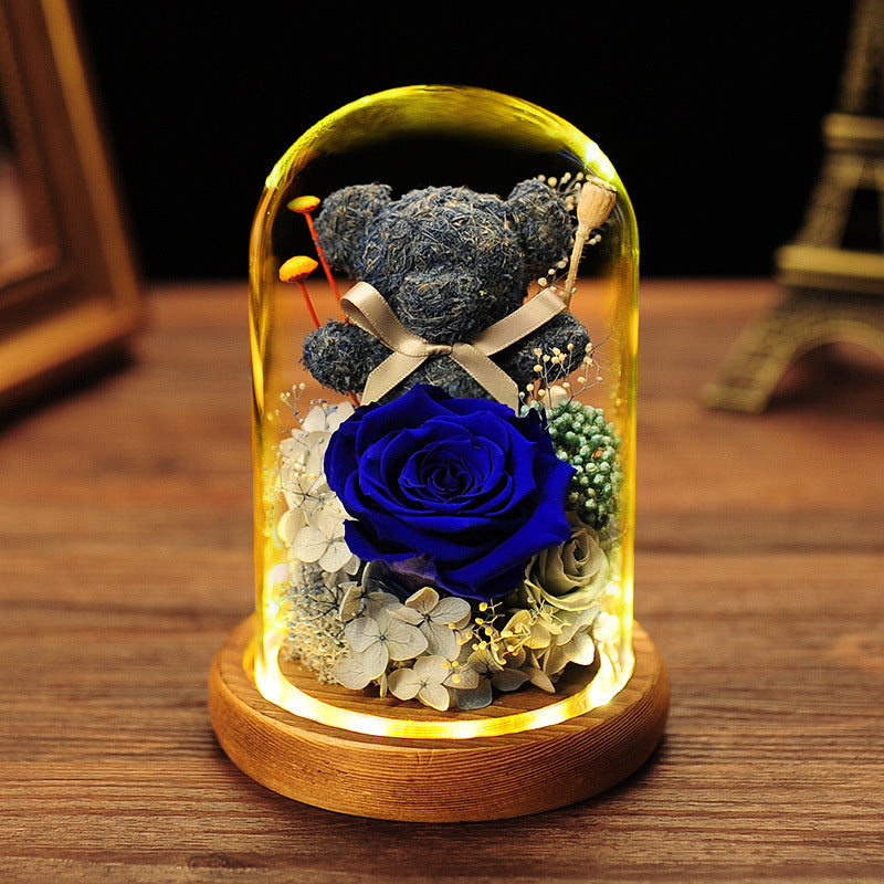 Valentine's Day Gift Everlasting Flower Bear Moss Glass Cover Finished Gift Box for Girlfriend Birthday Ornament Dried Flowers Roses - Korvel