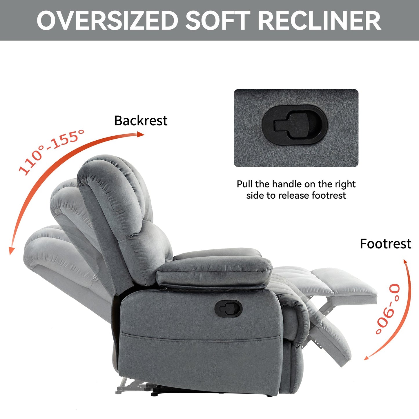 Large Manual Recliner Chair in Fabric for Living Room, Grey - Korvel