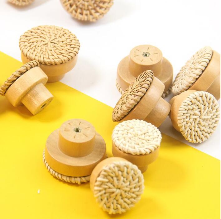 6pcs solid wood rattan handle rattan weaving handle rattan wood handle drawer circular wood handle - Korvel