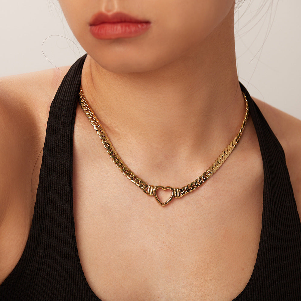 Stainless steel Cuban chain heart-shaped necklace with hollowed out flat snake chain heart pendant necklace for women - Korvel