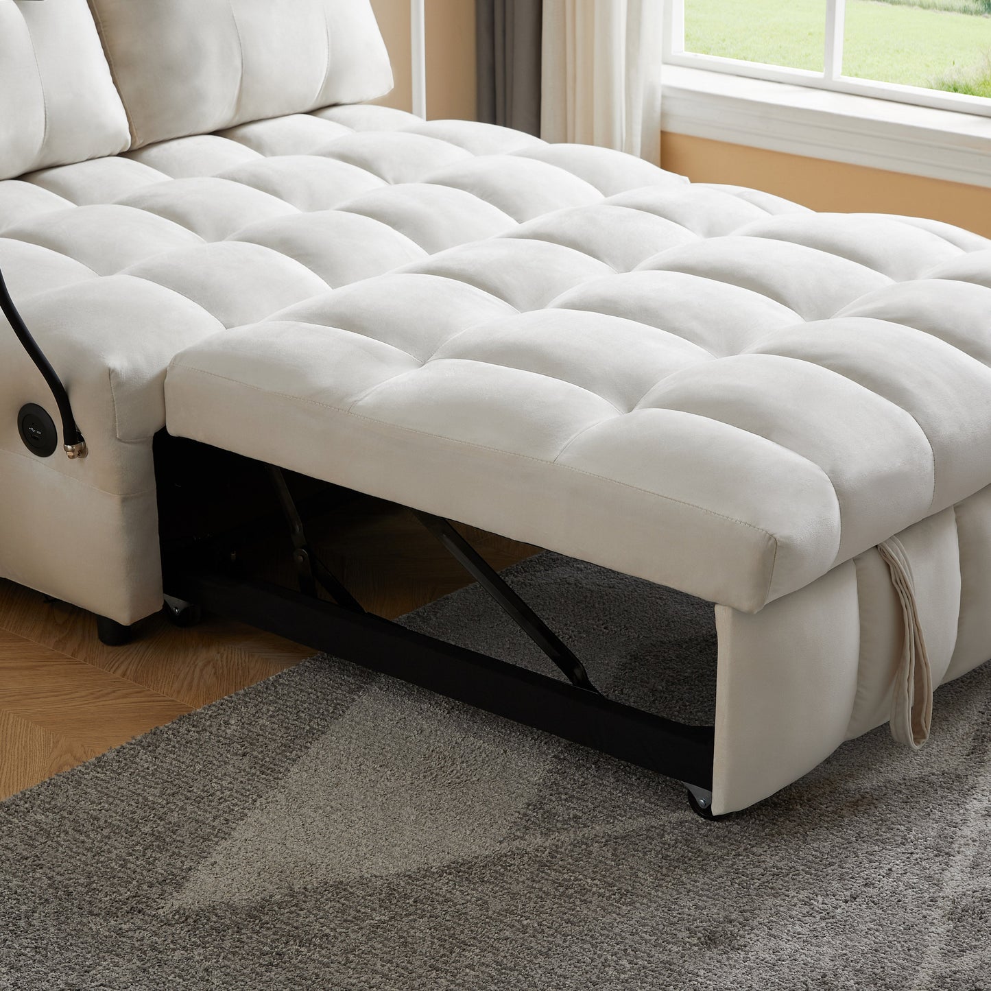 Beige Velvet Modern Sofa with Pull-Out Bed and USB Port