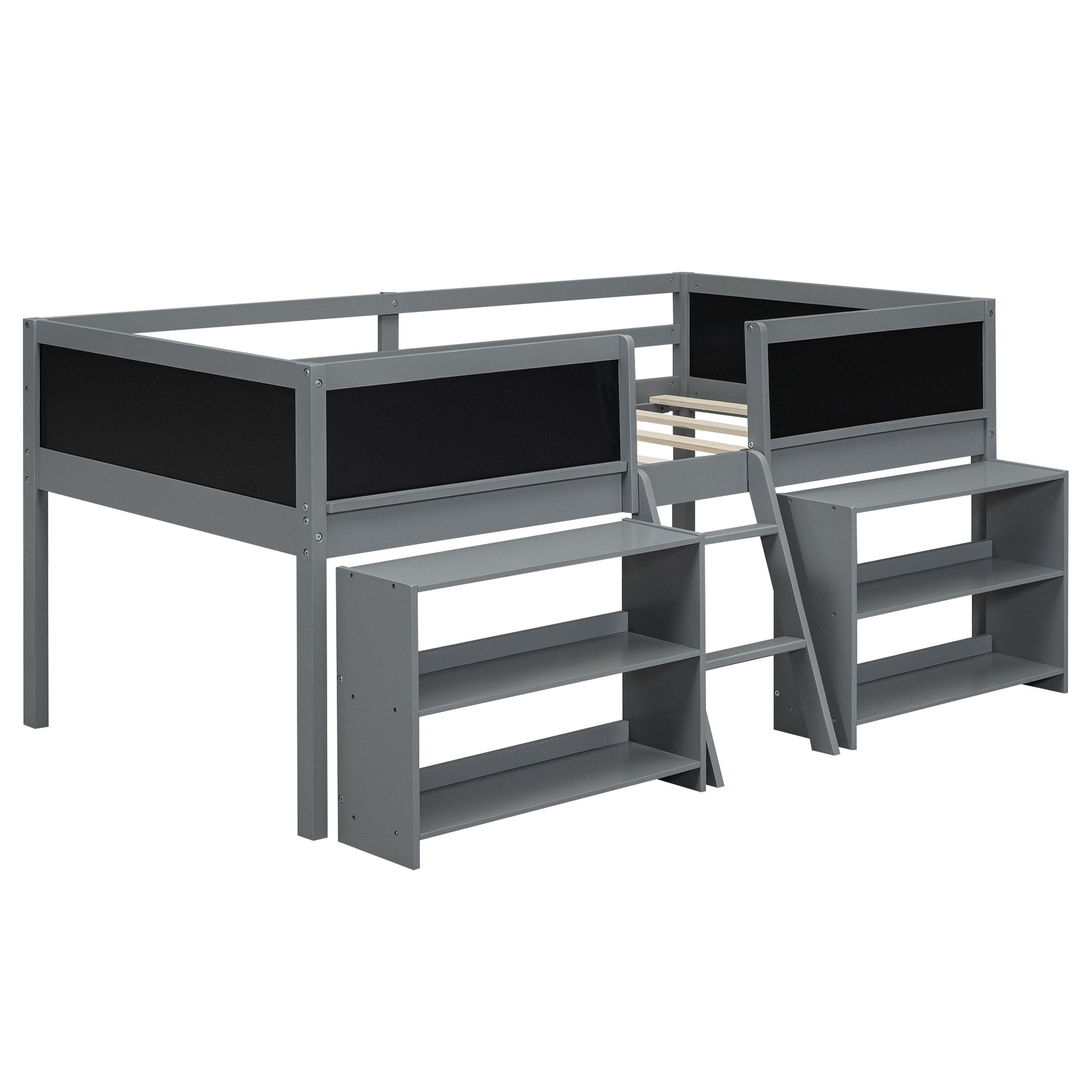 Twin Size Low Loft Bed with Two Movable Shelves and Ladder,with Decorative Guardrail Chalkboard,Gray - Korvel